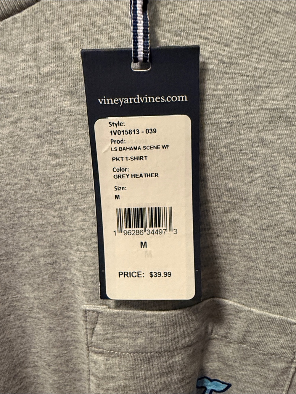 Vineyard Vines Men’s Long-Sleeve Pocket Tee - Heather Gray with Blue Whale - Picture 3 of 3